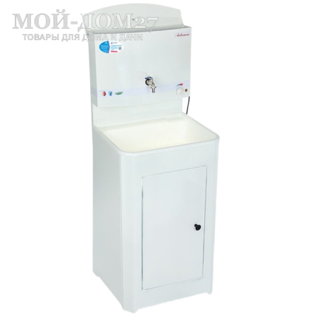 Умывальник с подогревом пласт. мойка | Мой-Дом27 | Объем бака – 17 литров с нагревателем мощностью 1,25 кВт Время нагрева до 60 градусов – 30 минут<br>
 Материал умывальника – сталь толщиной 0,7 мм<br>
 Мойка – пластик белого цвета<br>
 Кран – металлический<br>
Поставляется в разобранном виде, в коробке 80*54*20 см с ручками